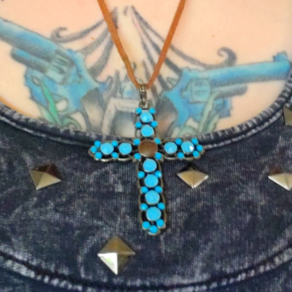 Vintage Turquoise and Leather Cross necklace